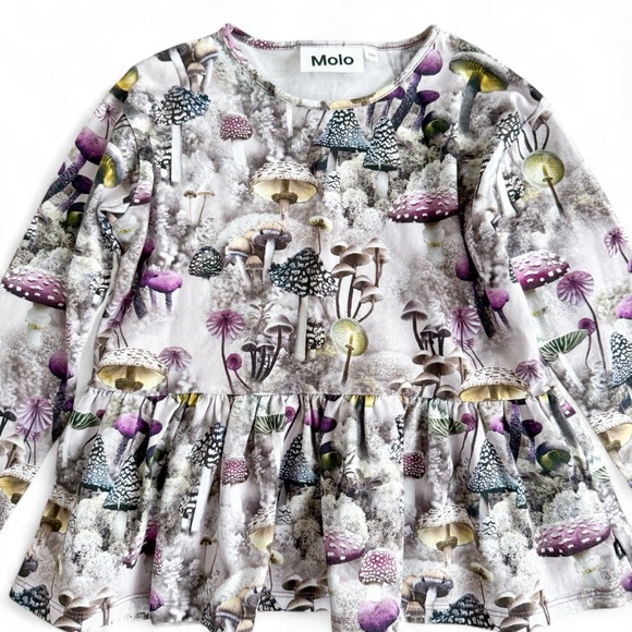 READ - Molo Enchanted Forest Mushroom Long Sleeve Peplum Top Girls sz 122 (US 7) - Picture 2 of 14